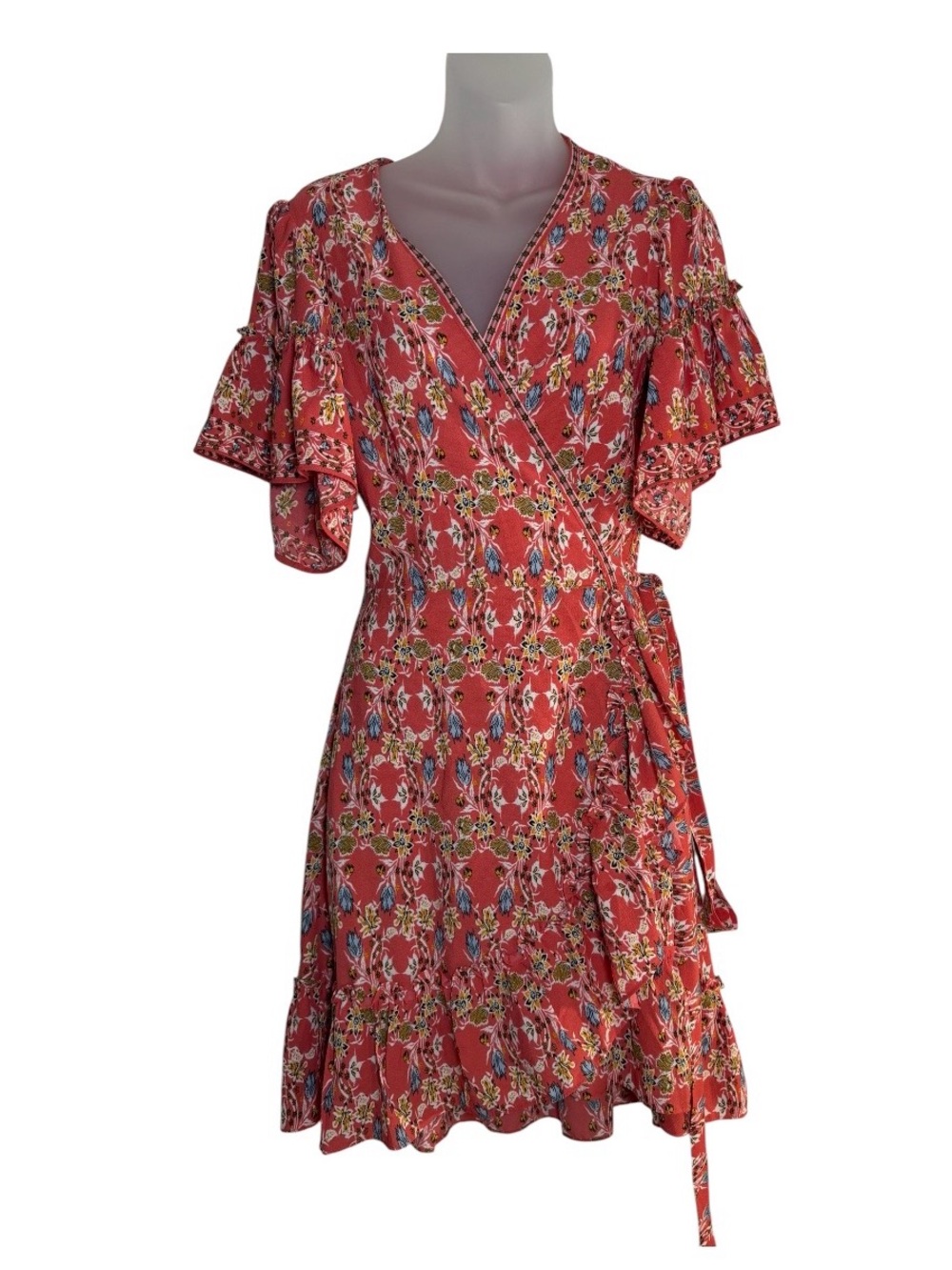 Max Studio Coral Floral Faux Wrap Ruffle Dress Boho Midi Medium